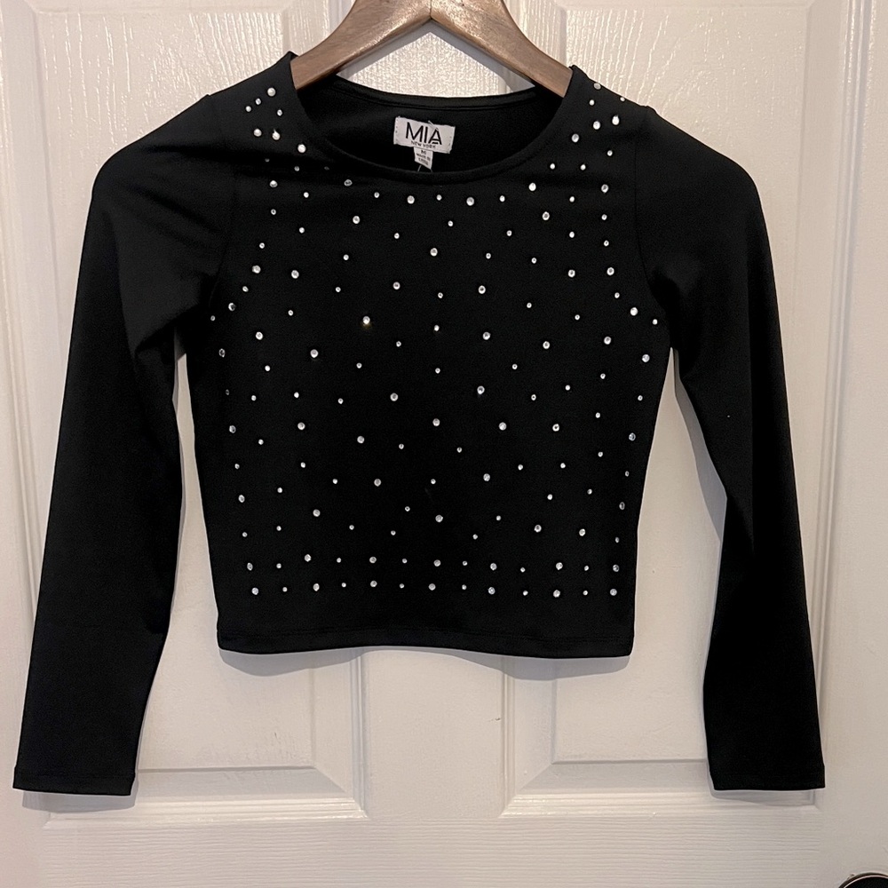 MIA New York Girl’s Black Embellished Allover Stone Long Sleeve Top Size M NEW